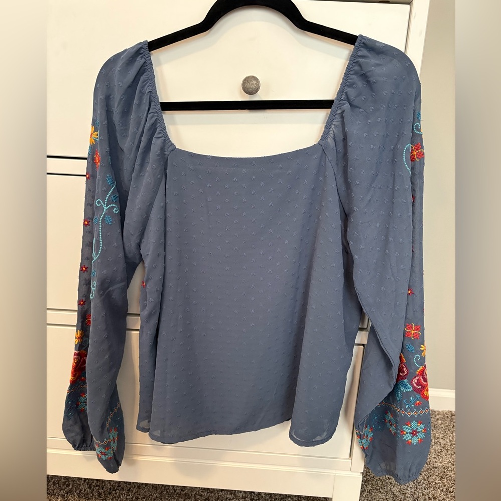 Embroidered Square-Neck Peasant Top - Blue with Red Floral - Picture 3 of 3